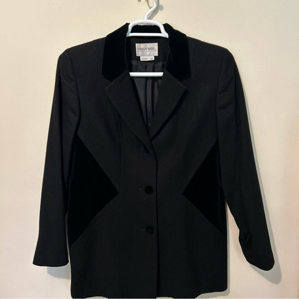 Urban Wool Jacket Women’s 12 Black Merino Wool & Velvet Business Career Holiday